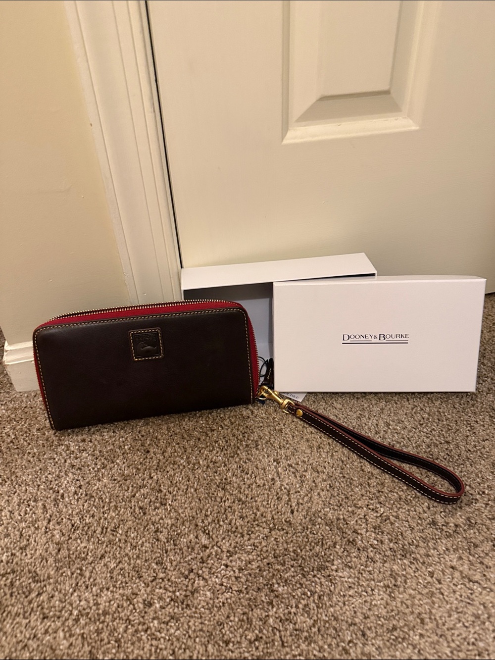 Dooney & Bourke Brown Florentine Leather Wristlet with Red Trim